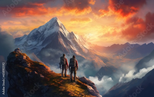 Journey to the Summit: Two Adventurers Conquering the Mountain at Sunset © ParinApril