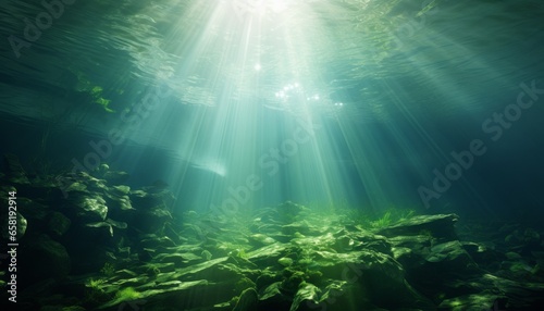Underwater Sunrays  A Captivating Green Ocean with Sunlight Beams
