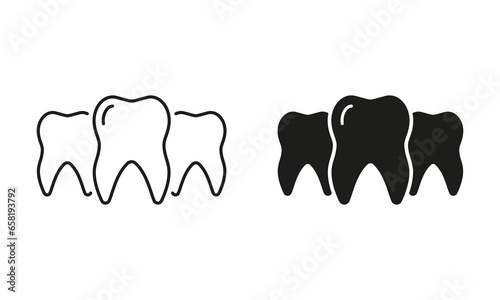 Healthy Teeth Silhouette and Line Icons Set. Dental Treatment, Mouth Health Pictogram. Oral Medicine, Dentistry Black Symbol Collection. Orthodontic Healthcare. Isolated Vector Illustration