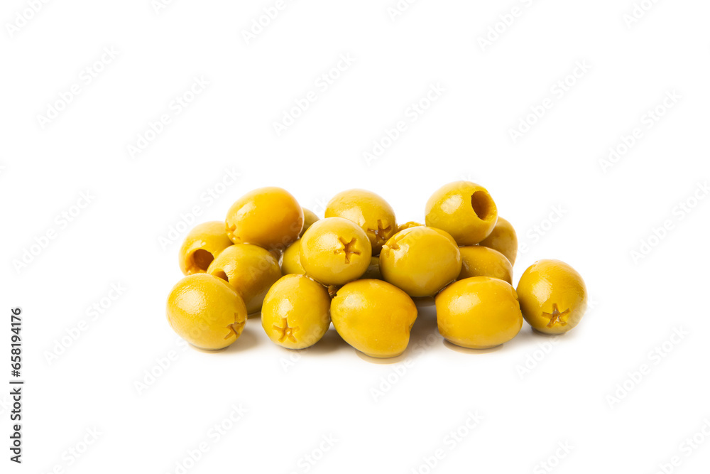Delicious green olives isolated on white background. Olive and olive tree branches on a white table. Delicacy. Delicious green olives isolated on white background. Olive and olive tree branches on a white table. Delicacy.