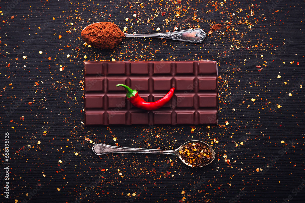 Dark chocolate bar, red hot chilli pepper cayenne,  dry hot chili spices, cocoa beans nibs powder, food tasty design on black wooden background - obrazy, fototapety, plakaty 