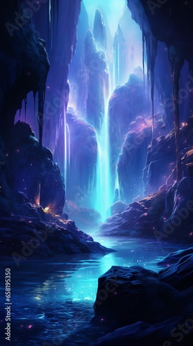Luminescent Waterfall Flowing From a Digital Oasis in Cyberspace .