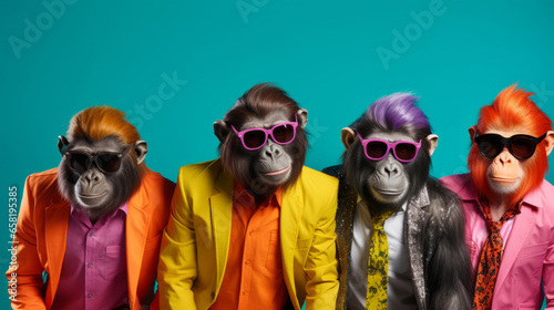 Monkeys wearing human clothes. Abstract art background copyspace concept.