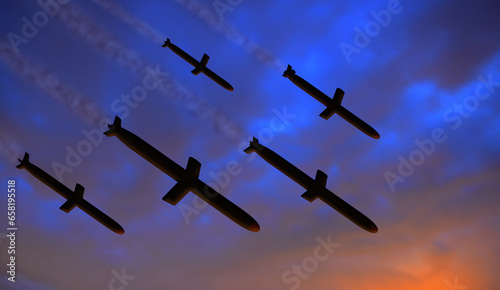 Military cruise missiles fly down against the sky. Massive night bombing. Volley fire. Rocket silhouette illustration. 3d rendering.