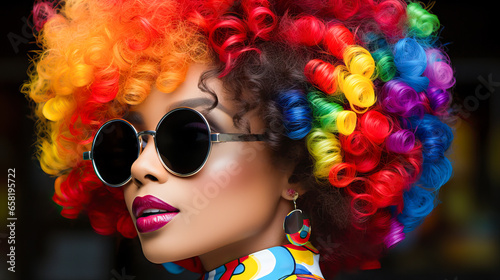 Afro woman with sunglasses and rainbow painted hair