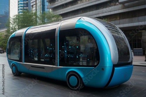 A futuristic automated city transport robot with built-in televisions. Generative AI