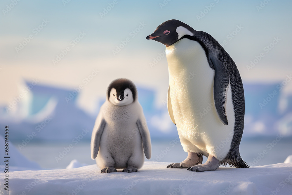 Fototapeta premium illustration of penguins in polar region. Created with Generative AI