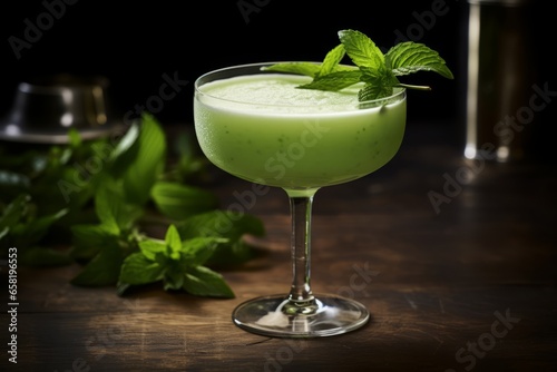 An elegant glass of bright green Grasshopper cocktail, served chilled on a rustic wooden table with fresh mint leaves and dark chocolate garnish