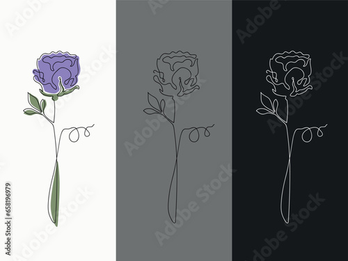 Three variants of the peony in the linart style, with a black outline and colored spots, just with a dark outline and with a white outline on a black background