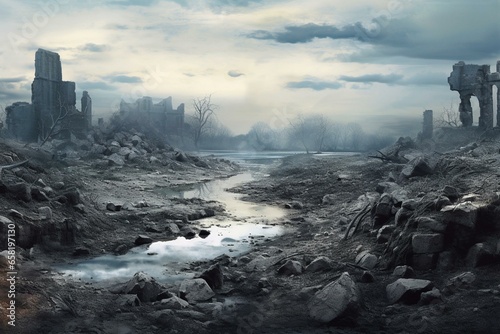 Ruined landscape in bleak destroyed world. Generative AI © Thorne