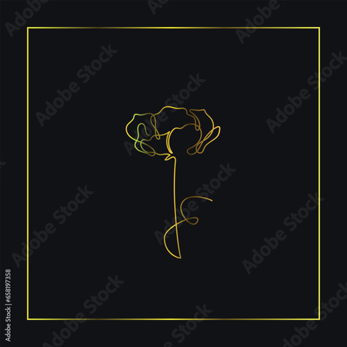A square poster with a flower painted in the center with a single line in gold with a thin gold frame on a dark background