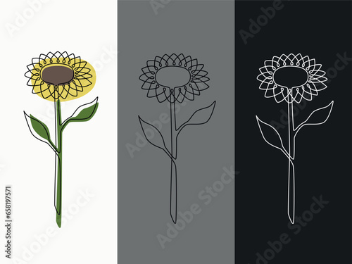 Three variants of the sunflower in the style of linart, with a black outline and colored spots, just with a dark outline and with a white outline on a black background photo