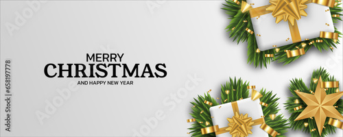Merry christmas banner. Xmas background premium design with realistic gift box, christmas ball, candy cane on fir branch. Sale promotion poster banner. Greeting card, header, website