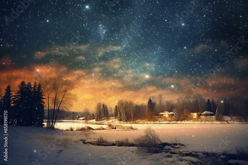 night sky with snowflakes falling. Generative AI © Jovana