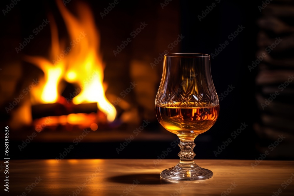 A Sophisticated Evening with a Glass of Single Malt Scotch Whisky, Neatly Poured in a Crystal Glass, on a Dark Oak Table by the Fireplace A Sophisticated Evening with a Glass of Single Malt Scotch Whisky, Neatly Poured in a Crystal Glass, on a Dark Oak Table by the Fireplace