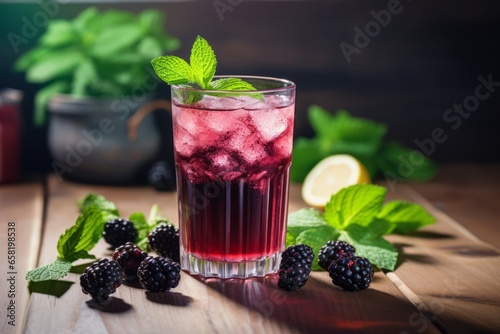 A refreshing glass of homemade blackberry soda, garnished with fresh mint leaves, served on a rustic wooden table during a warm summer afternoon
