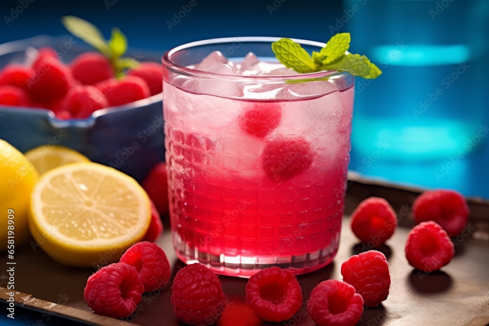 A Refreshing Glass of Blue Raspberry Lemonade, Perfectly Captured in a Summer Setting with Fresh Raspberries and Lemon Slices A Refreshing Glass of Blue Raspberry Lemonade, Perfectly Captured in a Summer Setting with Fresh Raspberries and Lemon Slices