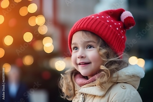 Portrait of cute little girl in red hat on christmas market