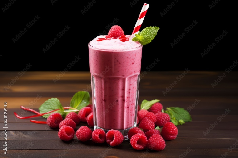 A Deliciously Refreshing Raspberry and Vanilla Shake Served in a Tall Glass with a Straw, Garnished with Fresh Raspberries A Deliciously Refreshing Raspberry and Vanilla Shake Served in a Tall Glass with a Straw, Garnished with Fresh Raspberries
