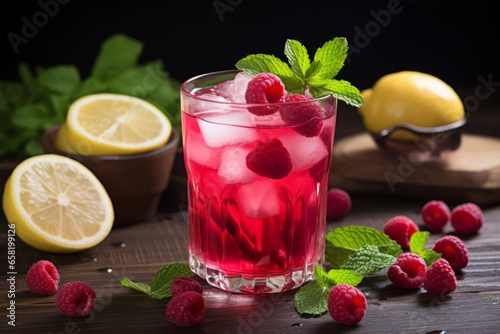 A Refreshing Glass of Homemade Raspberry and Ginger Lemonade, Garnished with Fresh Mint Leaves and Served on a Rustic Wooden Table