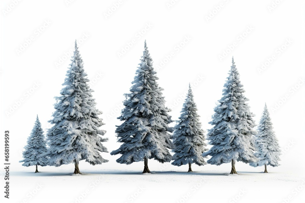 Group of snowy Christmas trees on transparent background. Realistic 3D rendering. 3D artwork. Generative AI