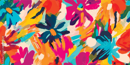 Hand drawn bright artistic abstract floral print. Modern cute collage pattern. Fashionable template for design. Floral vibrant pattern, with flowers backgrounds, vibrant acrylic colors brush strokes, © Eli Berr