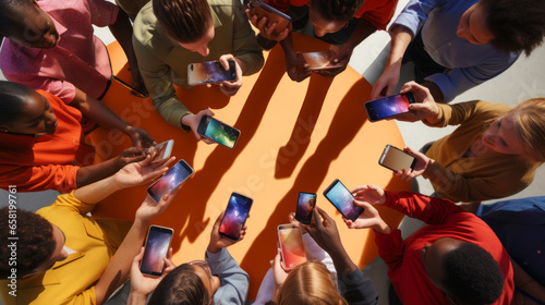 A large group of people, holding different smartphones together in a circle