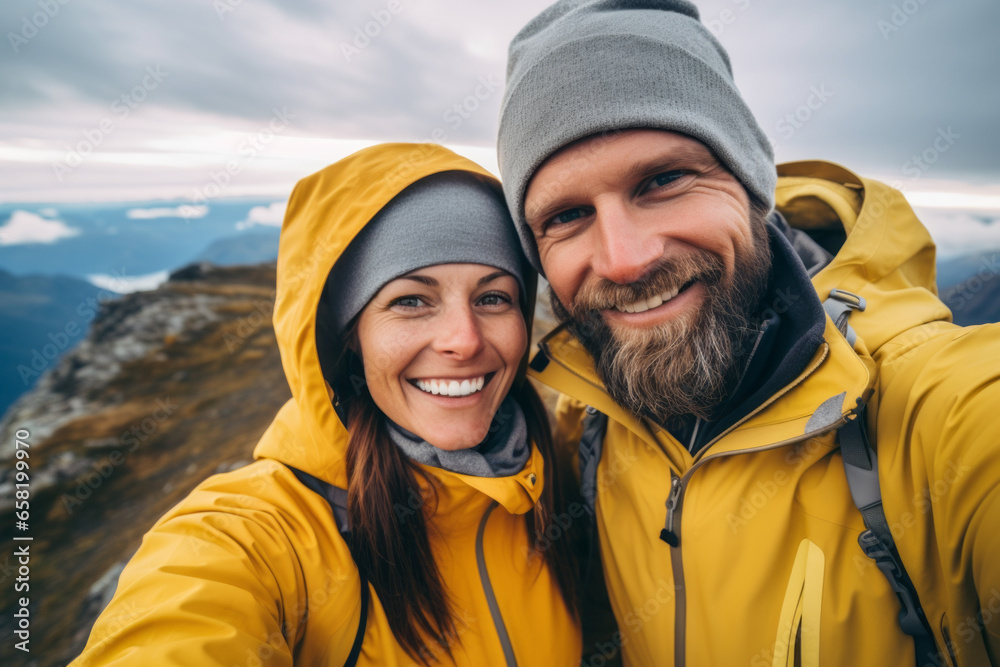 Happy smiling couple of hikers taking selfie picture on top of the mountain - Two travelers smiling together at camera - Travel vloggers using smart mobile phone device Happy smiling couple of hikers taking selfie picture on top of the mountain - Two travelers smiling together at camera - Travel vloggers using smart mobile phone device