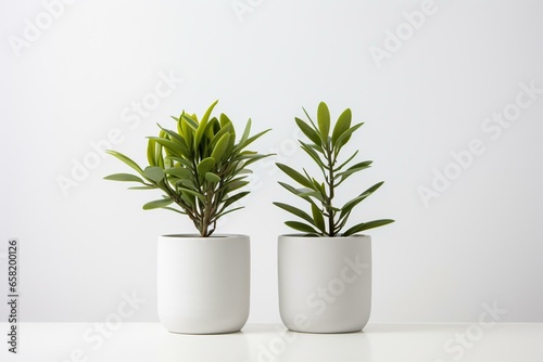 Two plants in white pots on white background. Generative AI © Adira