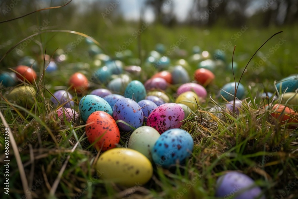 Colorful eggs scattered across a lush meadow. Generative AI Colorful eggs scattered across a lush meadow. Generative AI