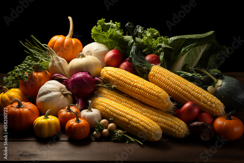 Variety of fresh fruits  vegetables  and nuts  symbolizing abundance and the harvest season of Thanksgiving