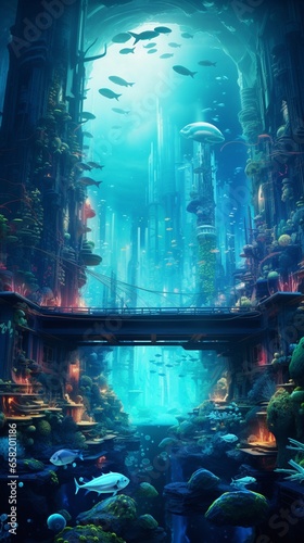 Submerged neon city beneath the waves. .