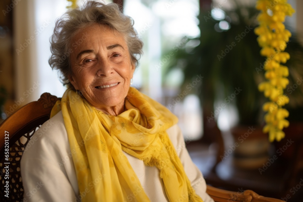 Portrait of happy senior woman sitting in armchair with yellow scarf