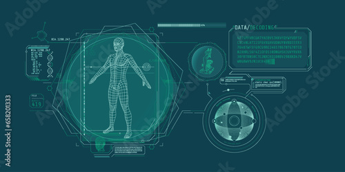 Medical research futuristic interface screen with data decoding.