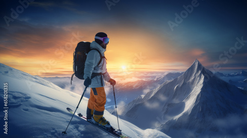 Skier Young man having fun on weekend activity in ski resort vacation - Winter sport concept. Standing proud on a snowy mountain top
