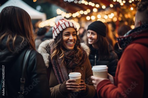 Many friends drinking hot chocolate at christmas market and smiling. Christmas festive theme.