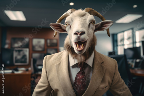 Goat in a business suit in the office.
