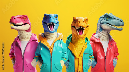 Dinosaurs wearing human clothes. Abstract art background copyspace concept. © ReneBot/Peopleimages - AI