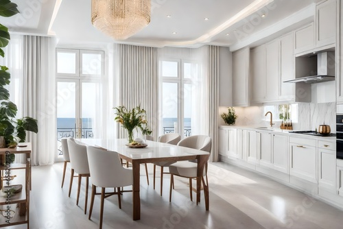 Luxurious interior design of white kitchen, dining room with windows and living room in one space photo