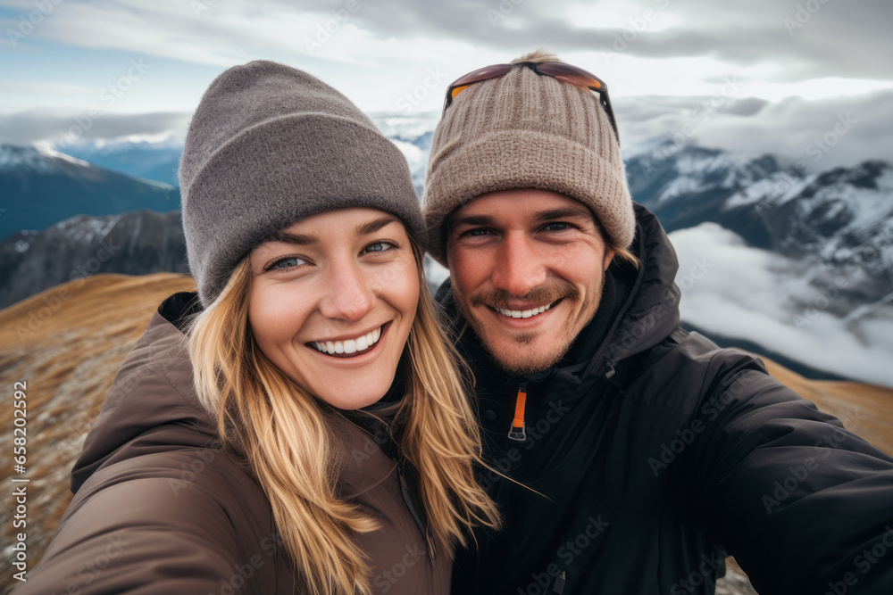 Happy smiling couple of hikers taking selfie picture on top of the mountain - Two travelers smiling together at camera - Travel vloggers using smart mobile phone device Happy smiling couple of hikers taking selfie picture on top of the mountain - Two travelers smiling together at camera - Travel vloggers using smart mobile phone device