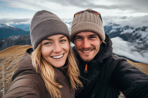 Happy smiling couple of hikers taking selfie picture on top of the mountain - Two travelers smiling together at camera - Travel vloggers using smart mobile phone device