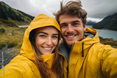 Happy smiling couple of hikers taking selfie picture on top of the mountain - Two travelers smiling together at camera - Travel vloggers using smart mobile phone device