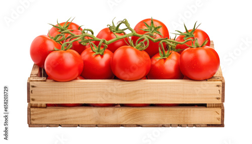 tomatoes in a wooden crate isolated on transparent background cutout