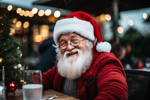 Happy man taking funny selfie celebrating Christmas time - Winter holiday concept with older man having fun in fancy santa outfit