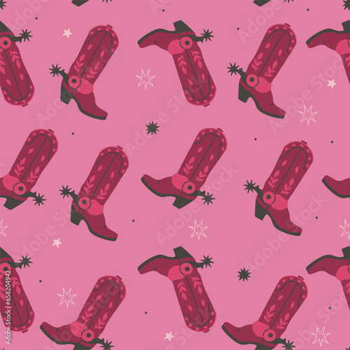Seamless pattern with cowboy boots in pink colors. Vector graphics.