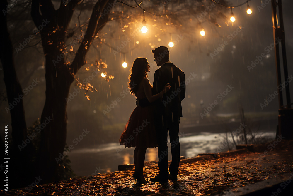 loving couple walking in the park at evening - obrazy, fototapety, plakaty 