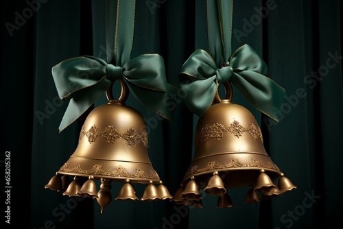 Gold bells adorned with a green bow. Generative AI