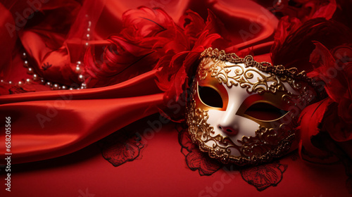 Photo of elegant and delicate Venetian mask over red