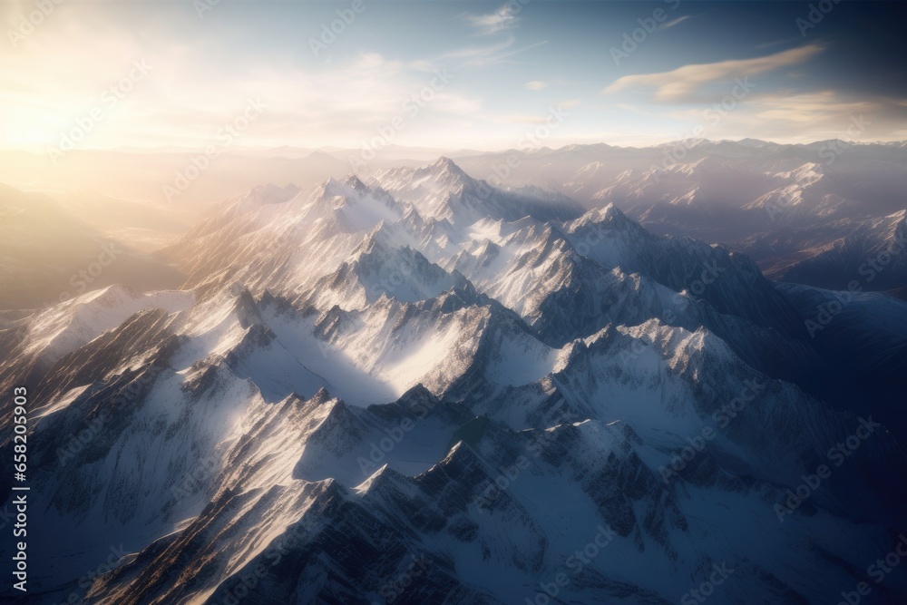 A captivating birds-eye view of a mountain range covered in snow