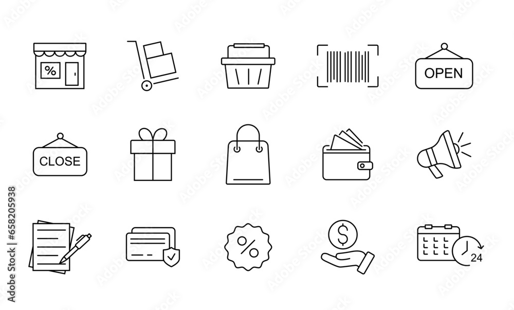 Shopping icons set. Shopping thin line icons. Vector illustration Shopping icons set. Shopping thin line icons. Vector illustration